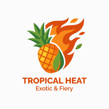 This vibrant logo for 'Tropical Heat' combines a pineapple and flames, symbolizing exotic flavors and spicy experiences, ideal for a food brand or restaurant.