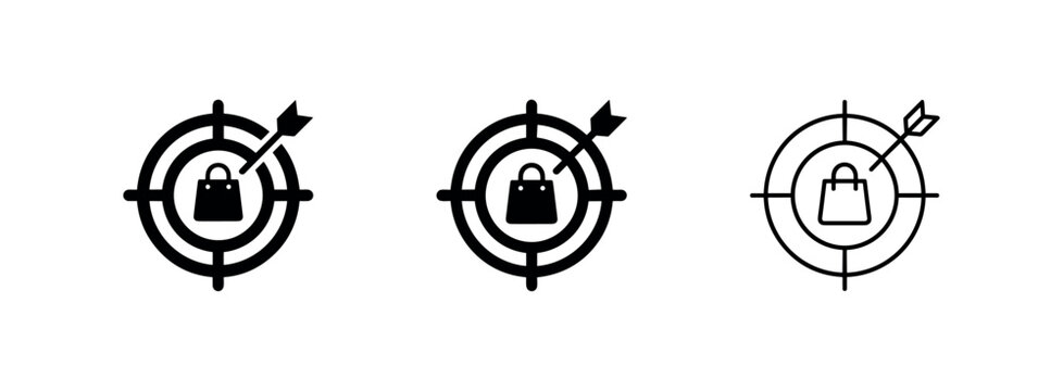 Shopping target icon set. E-commerce goals, sales strategy, and market aim in three styles.