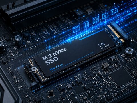 Modern M.2 NVMe SSD installed on computer motherboard with glowing blue digital data transfer