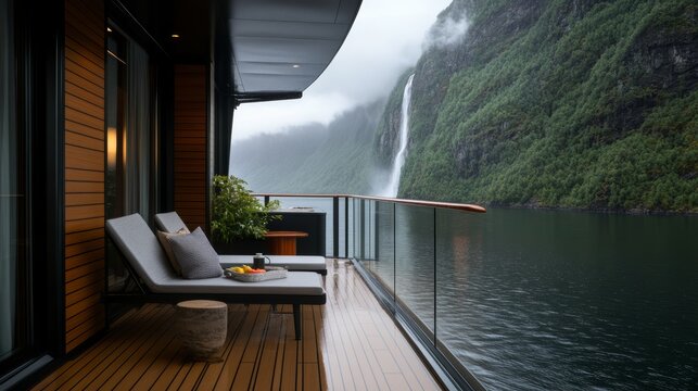 Balcony View of a Waterfall: A modern balcony with comfortable loungers offers a breathtaking vista of a majestic waterfall cascading down a lush, green mountainside into a serene lake.