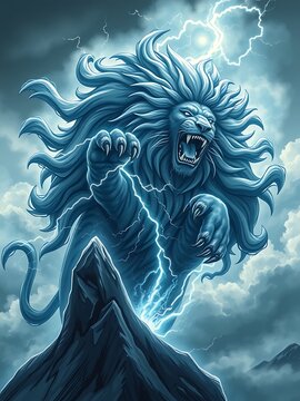 A storm lion, its body a swirling vortex of thunderclouds and hurricane winds, with lightning bolts for claws and eyes, soaring over a mountain peak, raw power