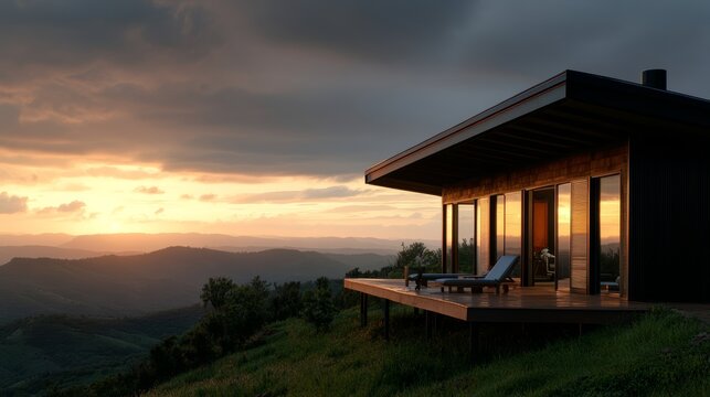 Modern Cabin Retreat: A sleek, contemporary cabin with expansive glass windows offers a breathtaking panoramic view of rolling hills bathed in the warm, golden light of sunset.
