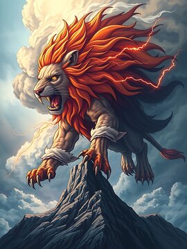 A storm lion, its body a swirling vortex of thunderclouds and hurricane winds, with lightning bolts for claws and eyes, soaring over a mountain peak, raw power