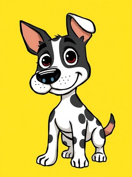 A stylized cartoon dog with exaggerated facial features, comic book dots, and high-contrast colors, set against a bright yellow background