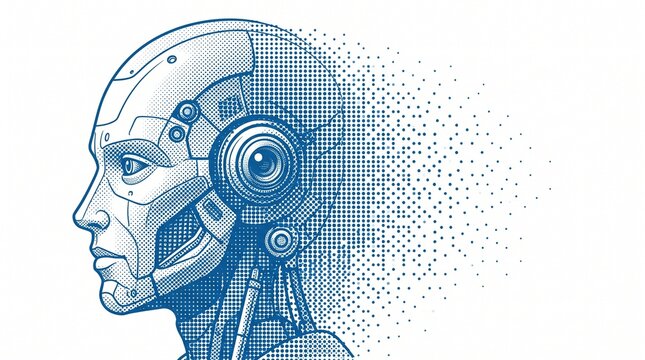 Halftone Robot Head Vector Illustration Gradient Technology