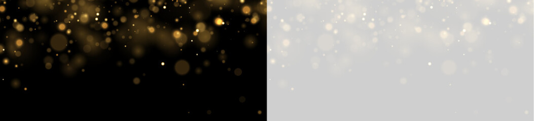 Soft golden bokeh lights scattered over a black background with glowing round shapes on transparent background © Svet