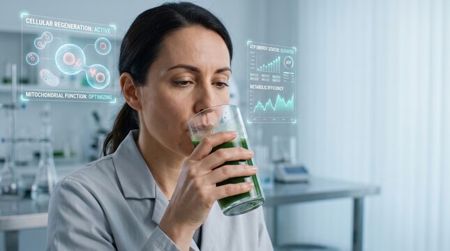Scientist drinking green nutrient smoothie with digital biohacking interface. Laboratory background with holographic data displays showing cellular metrics.