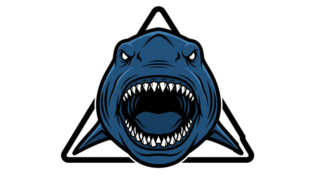 Aggressive Blue Shark Head Mascot Logo with Sharp Teeth Inside a Geometric Triangle Frame