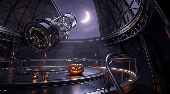 Glowing jackolantern sitting inside a futuristic hightech observatory with a telescope under a crescent moon