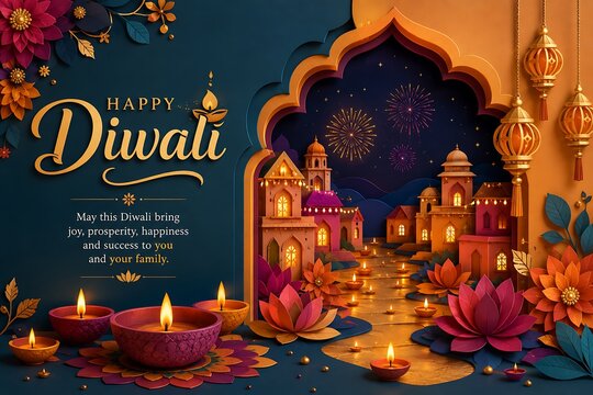 Happy diwali festival greeting card banner with traditional oil lamps and glowing lanterns festival celebration