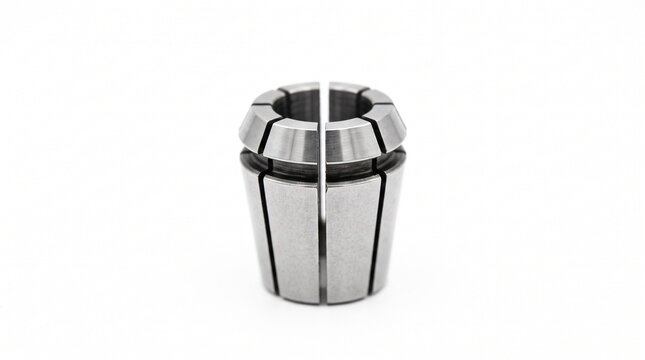 Spring steel CNC ER collet expansion slit. Macro photography of radial compression slots and ground finish. Precision tool holding metalworking hardware isolated on pure white background.