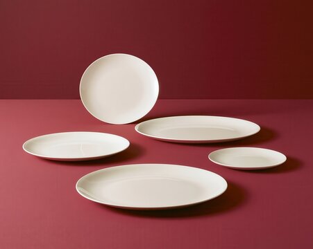 White ceramic serving platters arranged in graduated sizes on deep red surface with wide spacing