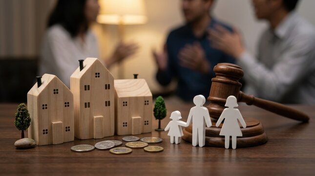Property division and family law dispute with wooden houses and gavel