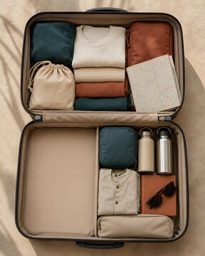 Open travel suitcase neatly organized with packing cubes and folded clothes suitcase organizer vacation background