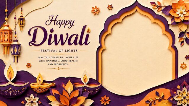 Happy diwali festival greeting card design with traditional oil lamps and archway festival greeting celebration
