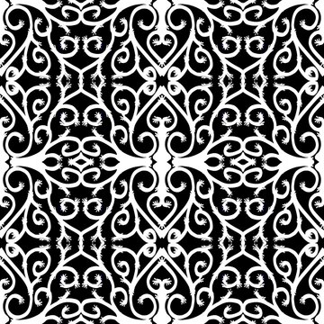 Seamless white floral scroll pattern, black and white swirl damask ornament, abstract ornate vintage flourish background for contrast textile design