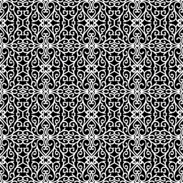 Seamless white intricate scroll pattern, dense black and white swirl damask lace ornament, abstract ornate vintage flourish background for contrast textile design