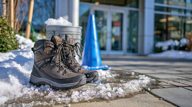 Icy office building entrance walkway with sturdy winter boots, a bucket of deicing salt and blue safety cone arranged around a slippery patch of concrete, salt crystals scattered across the ice, gla