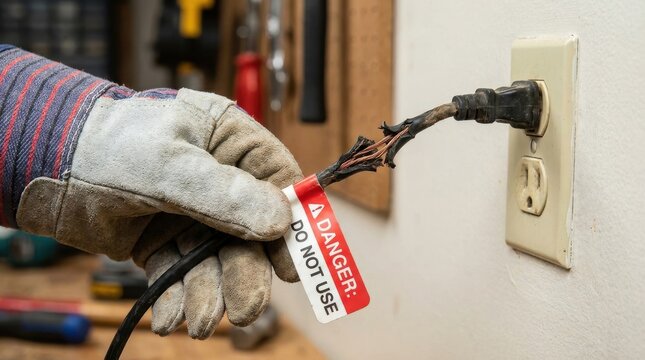 Damaged Electrical Cord with Danger Tag Plugged into Wall Outlet