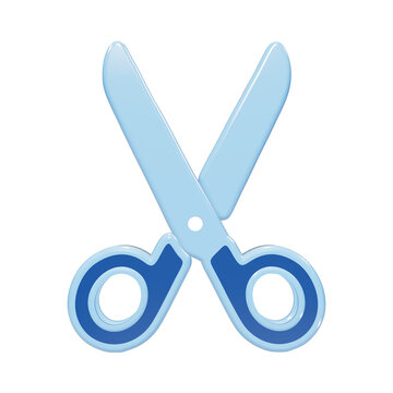 A glossy blue pair of open scissors rendered in a3d style with light blue outlines and rounded edges, isolated on a white background
