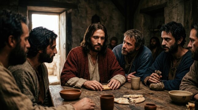 Sacred evening meal: last supper, Jesus Christ, faithful Apostle, share bread, reveal betrayal, drink wine, holy communion, historic sacrament, pious follower, divine Savior.