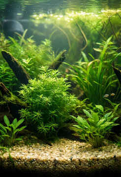 Aquascaping and nature aquarium design, lush aquatic plants and driftwood in freshwater tank for home decor and relaxation, underwater ecosystem habitat