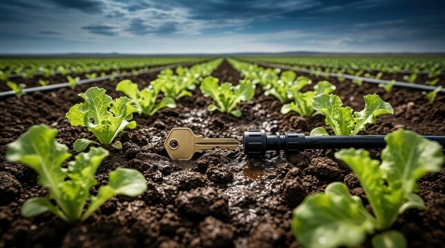 Brass key resting in a freshly irrigated agricultural lettuce farm