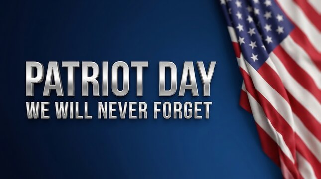 Patriot Day We Will Never Forget text with American flag, blue background