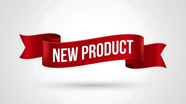 A red ribbon banner with white text reading new product isolated on a white background with product against plain banner with banner