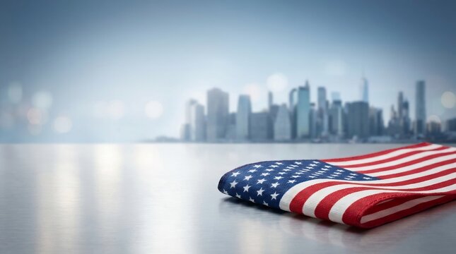 American flag on table with blurry city skyline, patriotic USA background