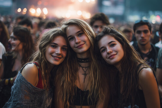 A group of young teenagers in the front row at a music festival.