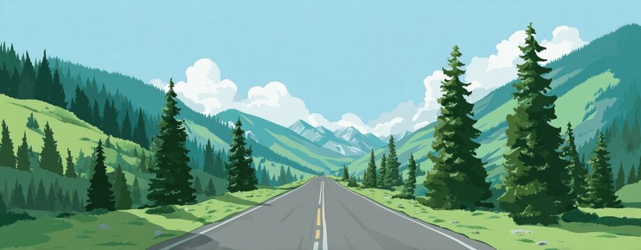 A road in the mountains, a flat design illustration, a simple vector graphic with green hills and trees on both sides of the highway.