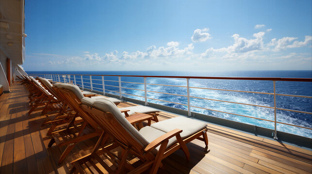 A luxury cruise ship deck with sun loungers overlooking the ocean, under a blue sky.