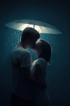 A couple in love, standing under an umbrella against the backdrop of a night sky with water and rain.