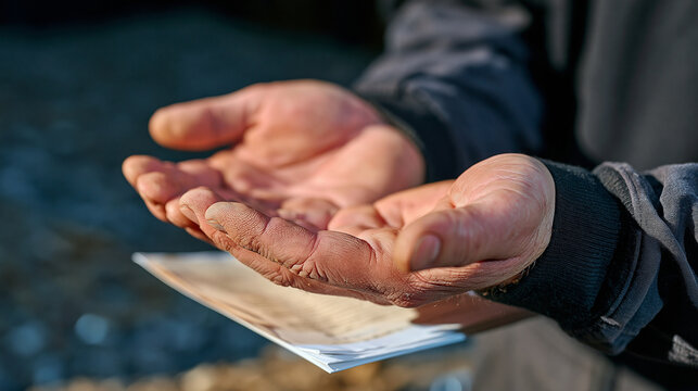 Tree surgeon's weathered hands close up in a minimalist studio, rope calluses and ring gauge tools resting open palmed, a microfinance community loan agreement folded carefully beneath, the composit