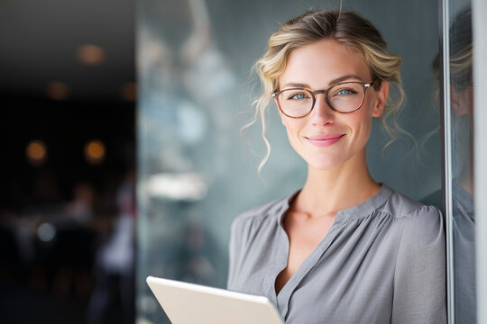 A smiling business woman holding a tablet and standing near a window in an office.