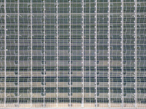 Aerial Top-Down View of Large Commercial Greenhouse Complex with Glass Panels and Steel Structure in Belgium