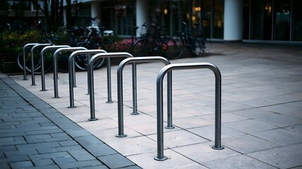 Naklejka premium Modern metal bike racks arranged in a row on a paved plaza with bicycles parked in the background