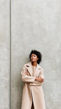 Woman in beige coat leaning against plain concrete wall vertical composition
