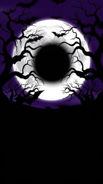 Spooky halloween forest video footage featuring eerie silhouetted trees with flying bats against a massive glowing bright full moon night