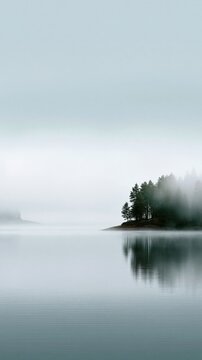 Mist rising over calm lake with forested shore and vertical tree silhouettes