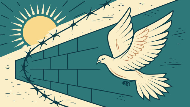 Peace dove flying over concrete wall with barbed wire towards bright sun fall of Berlin wall freedom peace concept editorial style vector illustration