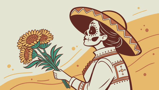 Woman with skull face paint wearing sombrero holding bouquet of marigolds Day of the Dead celebration concept editorial style vector illustration