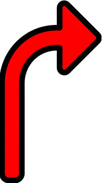 Red Curved Right Arrow Icon. Red directional sign. Bold vector graphic with black outline. Navigation symbol. Clean and simple graphic design element. Suitable for web and print.