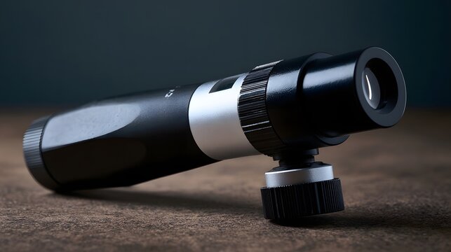 Close up of a handheld refractometer with black and silver body resting on textured wooden surface under soft lighting