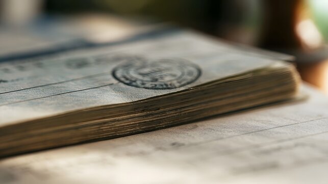 Close up of a worn checkbook with a circular stamp on its cover  resting on a textured surface under soft lighting