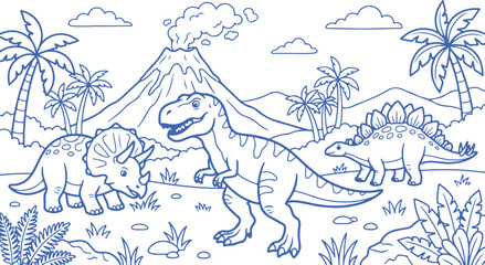 Dinosaur coloring page illustration for kids featuring t-rex triceratops stegosaurus and volcano dinosaur triceratops stegosaurus prehistoric jurassic coloring children landscape adventure © brandesiner