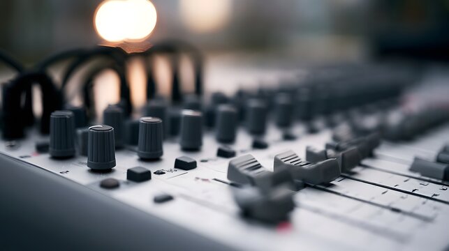 Close up of professional audio mixing console with faders and knobs under warm ambient lighting