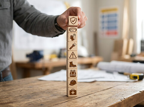 Person stacking wooden blocks in workshop