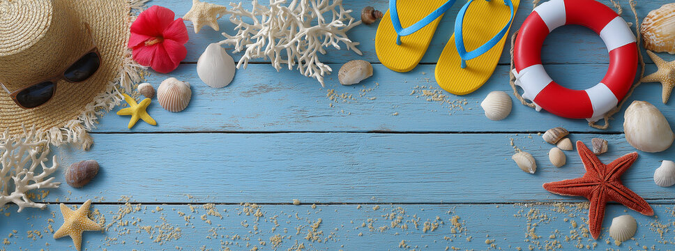 summer and beach themed items arranged on a light blue wooden background. the top and bottom edges of the frame are adorned